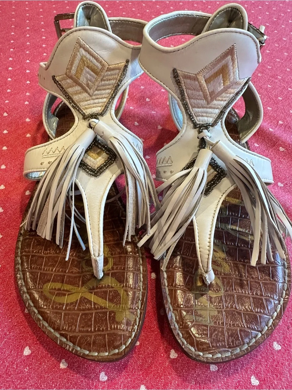 Sam Edelman White Tassel Thong Sandals with Embroidered Detail